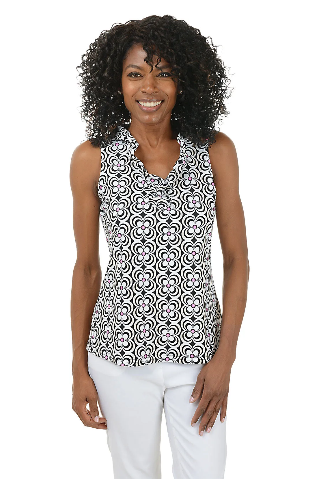 Black Optical Daisy UPF50  Ruffle Sleeveless Top