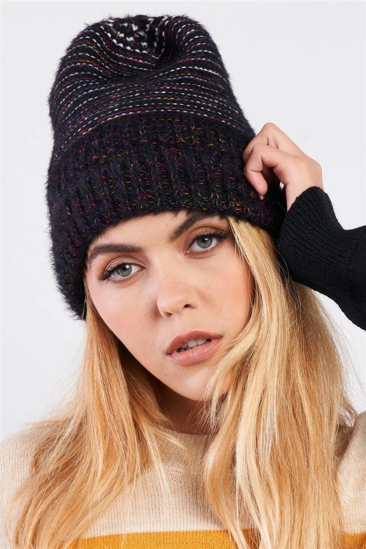 Black Rainbow Knit Fuzzy Woven Beanie /3 Pieces