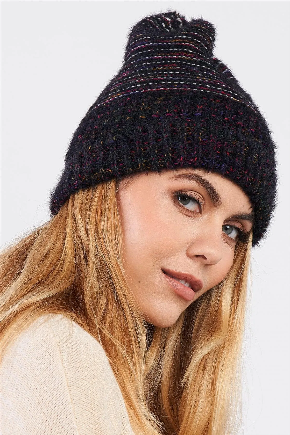 Black Rainbow Knit Fuzzy Woven Beanie /3 Pieces