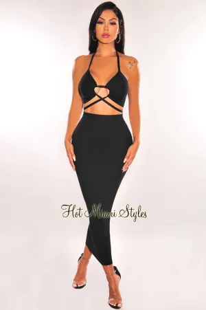 Black Ribbed Knit Halter Keyhole Skirt Two Piece Set