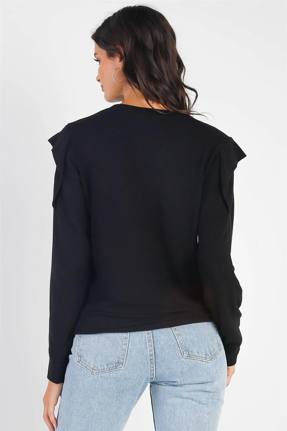 Black Round Neck Long Ruffle Sleeve Top