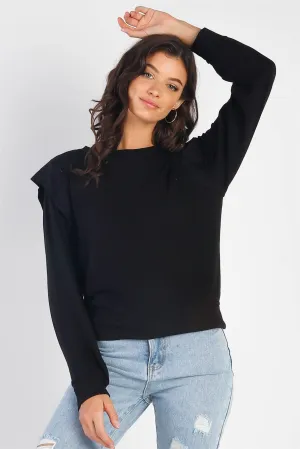 Black Round Neck Long Ruffle Sleeve Top