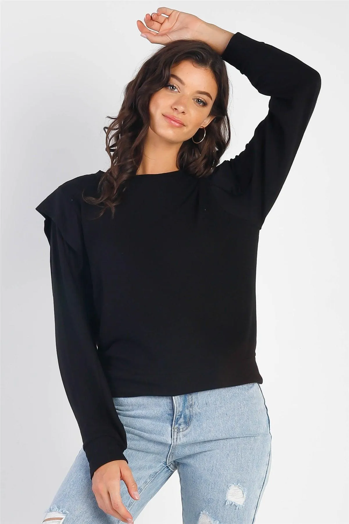 Black Round Neck Long Ruffle Sleeve Top