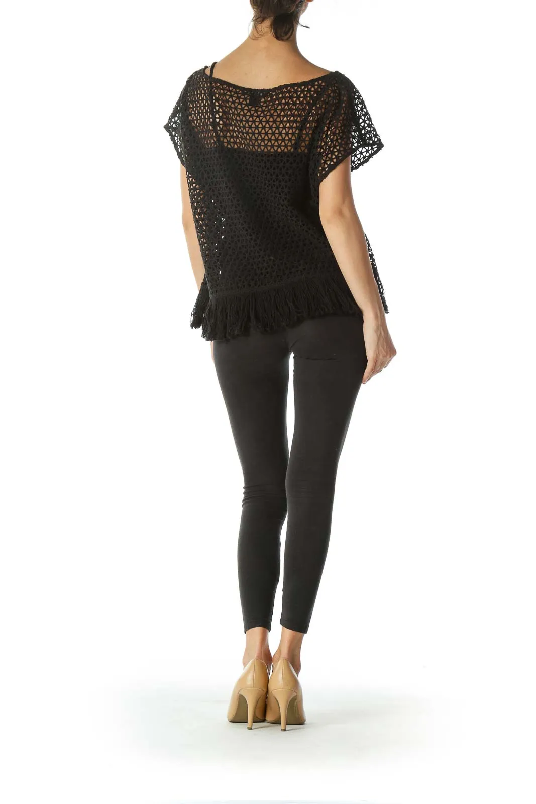 Black See-Through-Knit Waist-Fringe Top