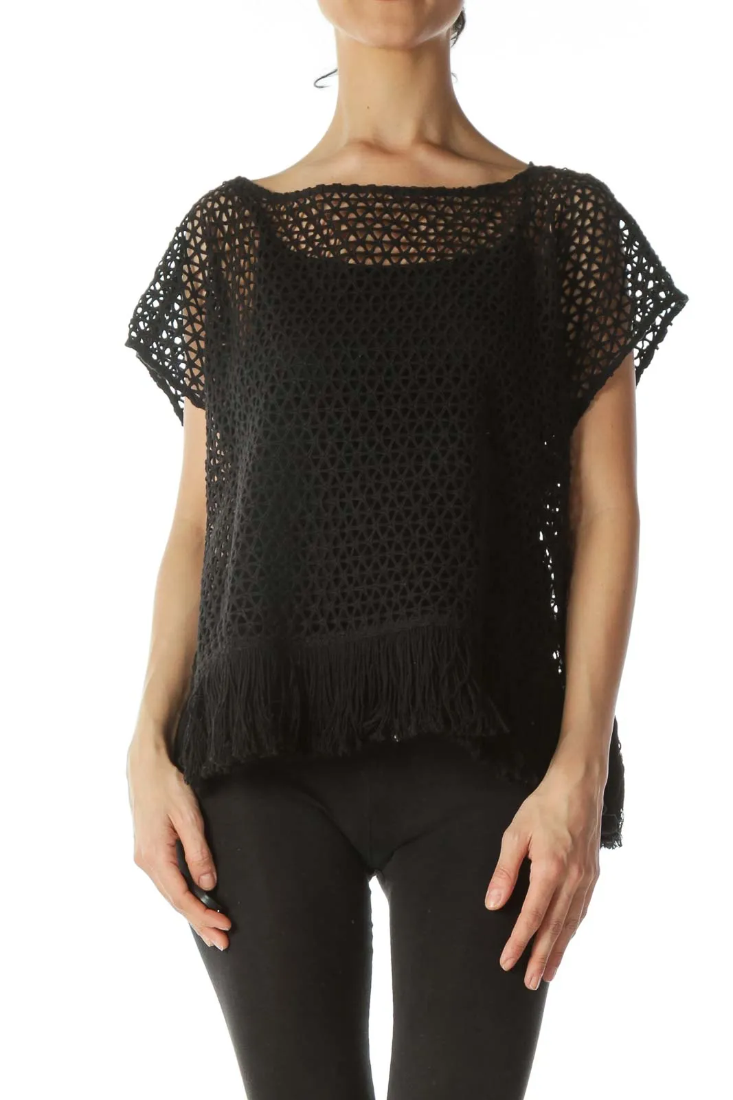 Black See-Through-Knit Waist-Fringe Top