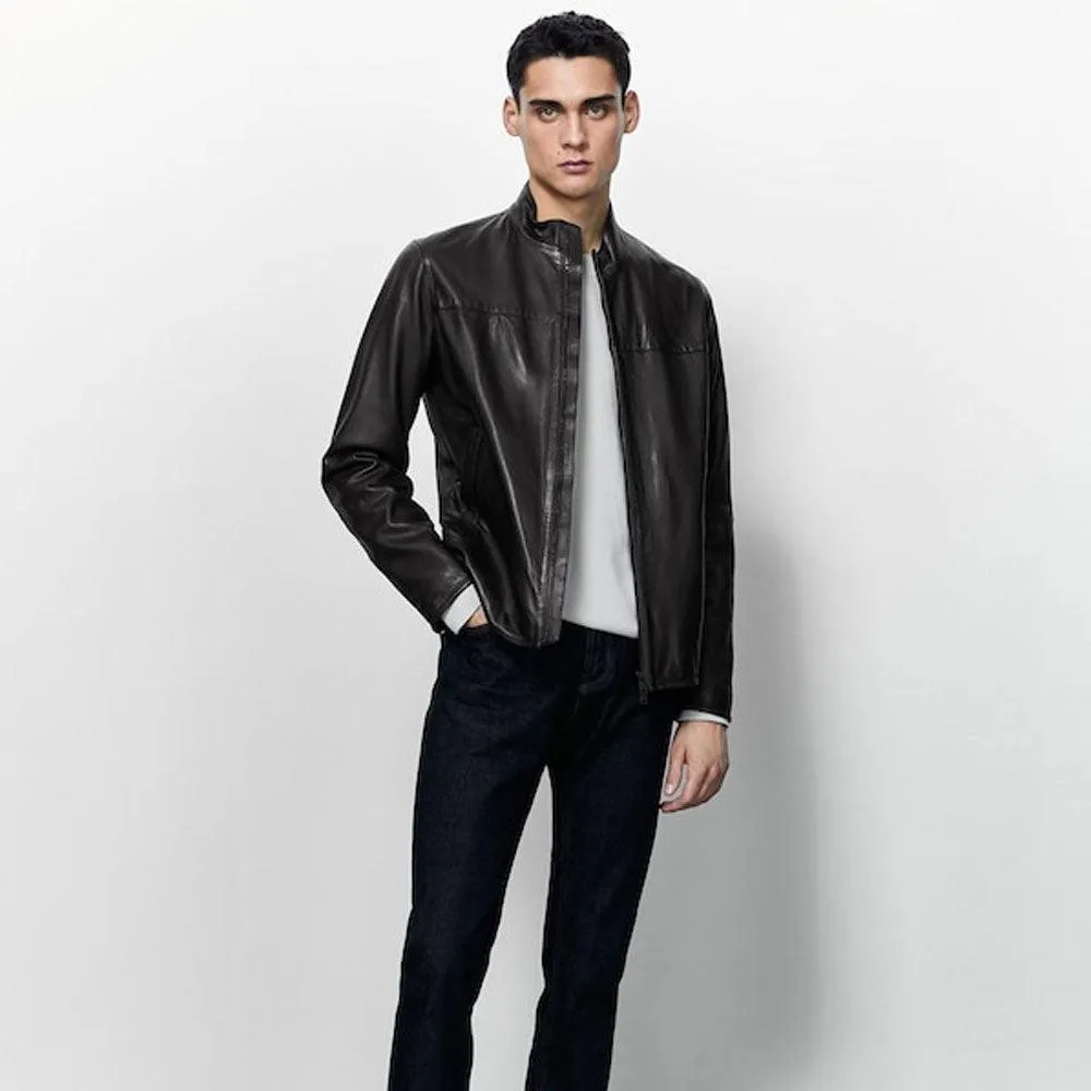 Black Sheepskin Leather Biker Jacket for Men