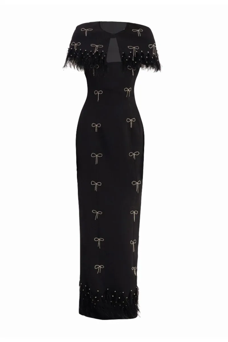 BLACK SPARKLY MAXI DRESS WITH FEATHERS