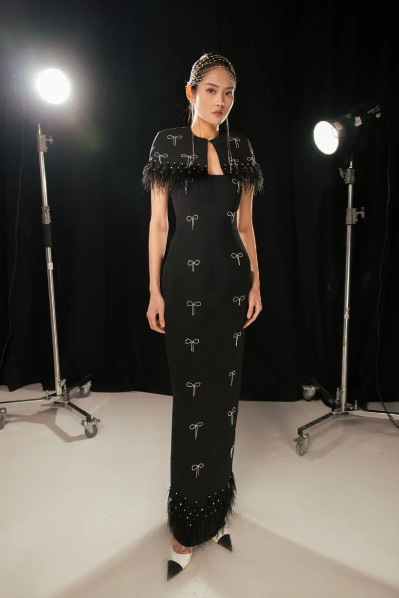 BLACK SPARKLY MAXI DRESS WITH FEATHERS