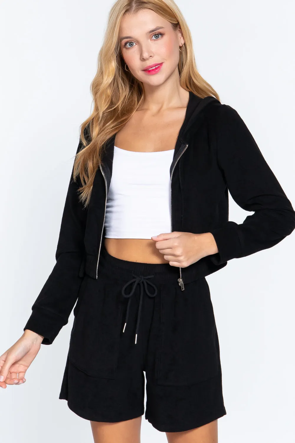 Black Zip Up Crop Hoodie Terry Towelling Jacket_