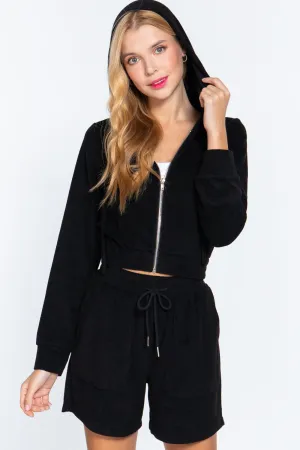 Black Zip Up Crop Hoodie Terry Towelling Jacket_