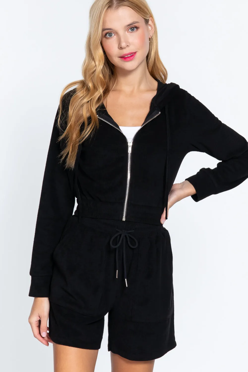 Black Zip Up Crop Hoodie Terry Towelling Jacket_