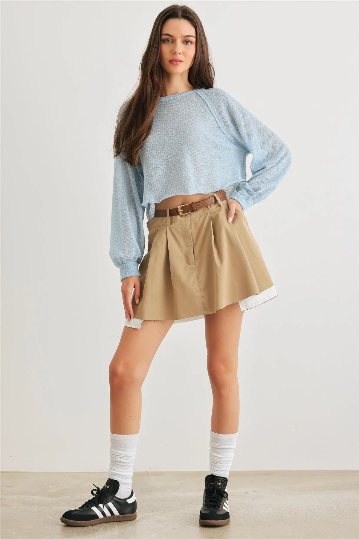 Blue Knit Long Sleeve Round Neck Crop Top /1-2-2-1