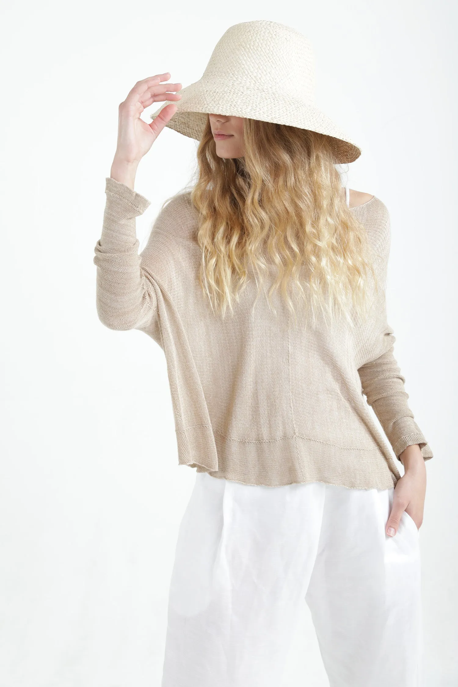 Boat neck oversize knit top in Linen color