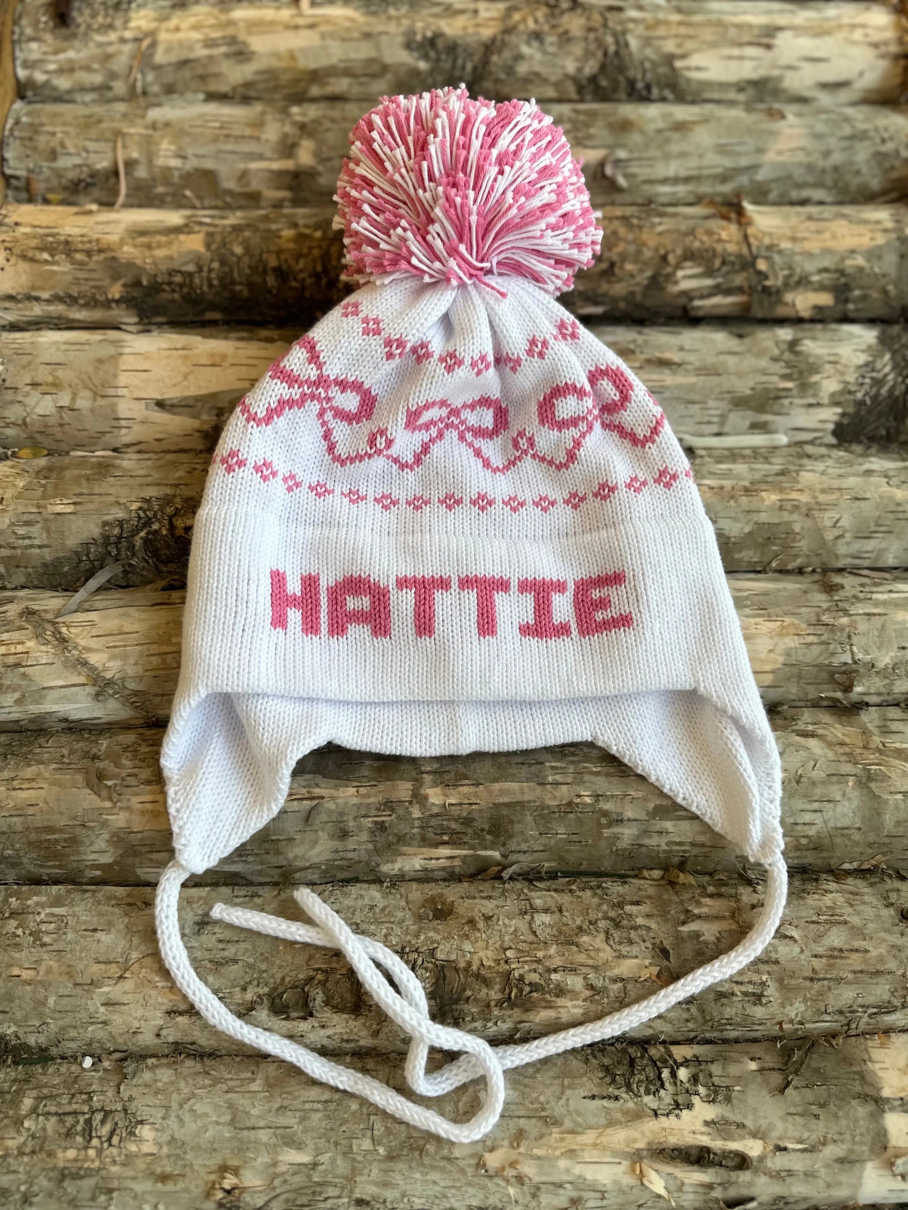 Bow Ear Flap Hat | White with Bright Pink