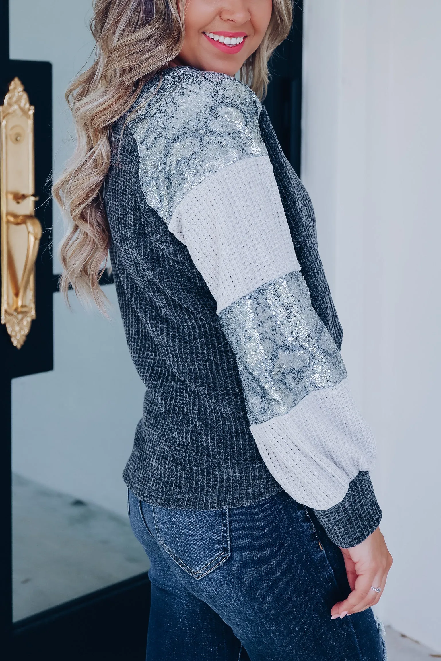 Brazen Sparkling Camo Sweater Top - Grey