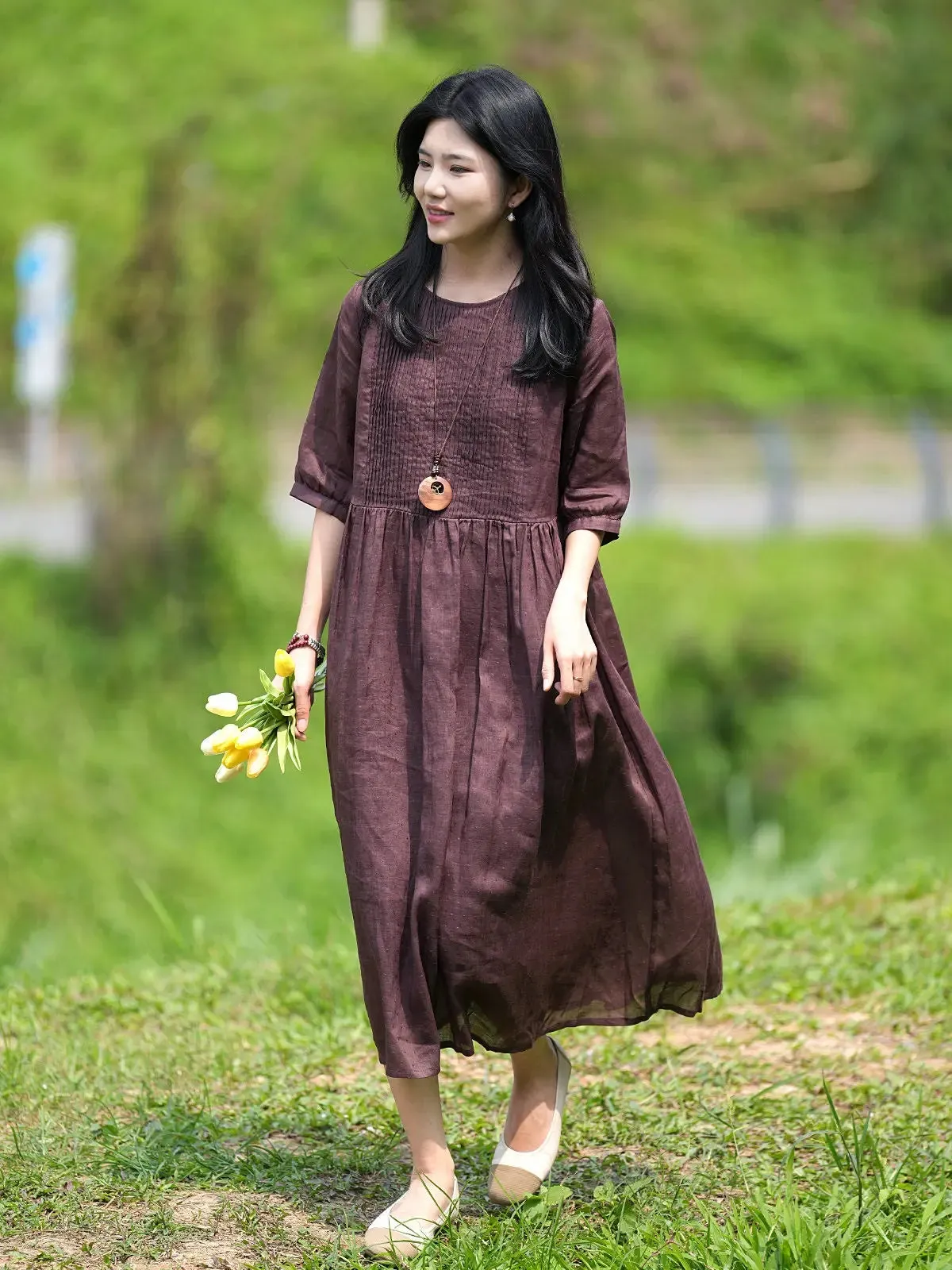 Brown linen Dress pleated maxi dress