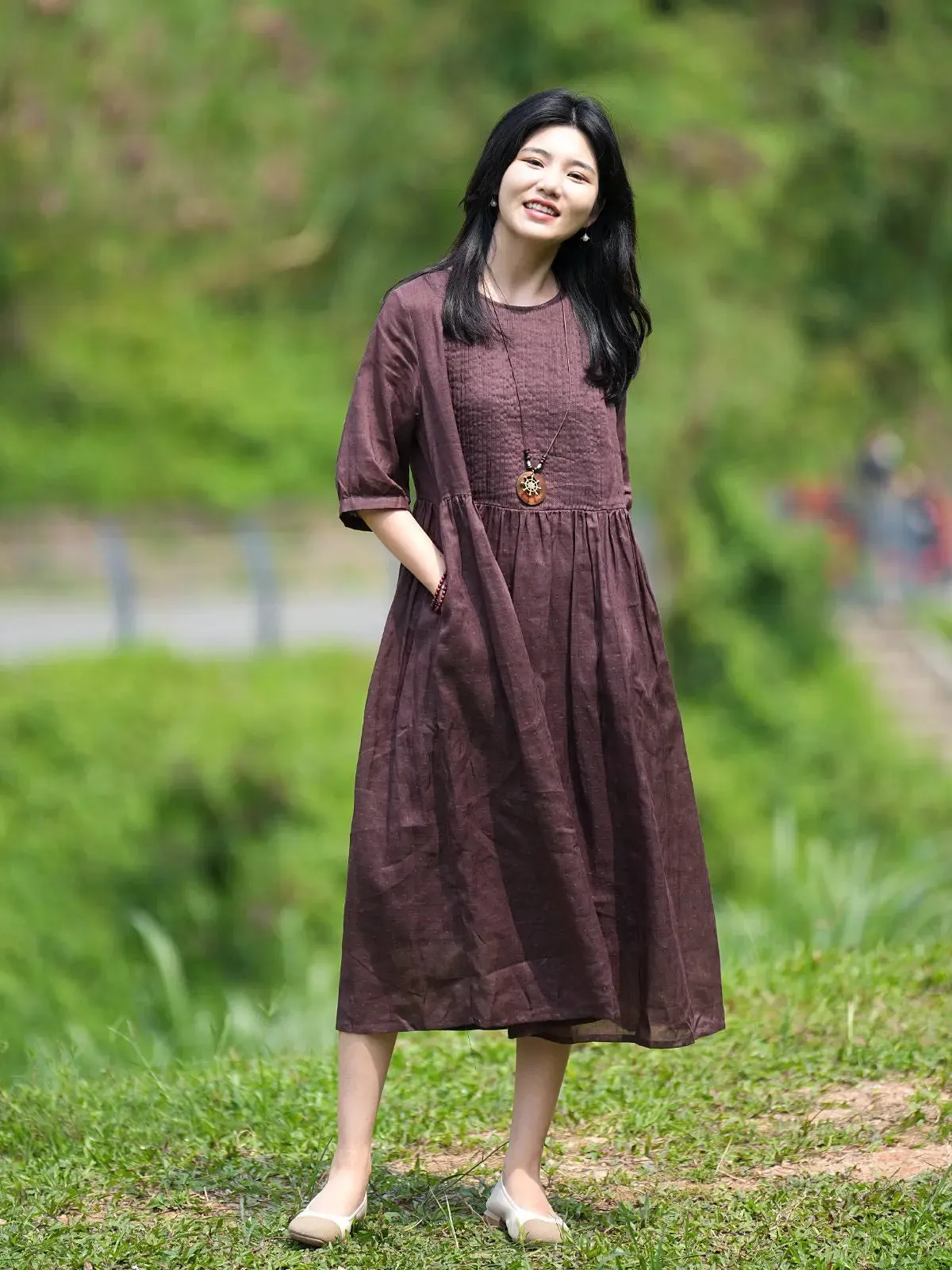 Brown linen Dress pleated maxi dress