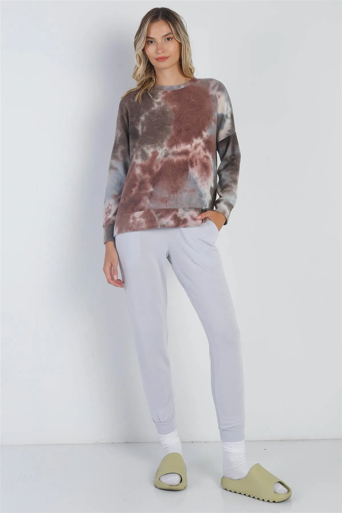 Brown Tie-Dye Crew Neck Long Sleeve Sweatshirt /1-1-1