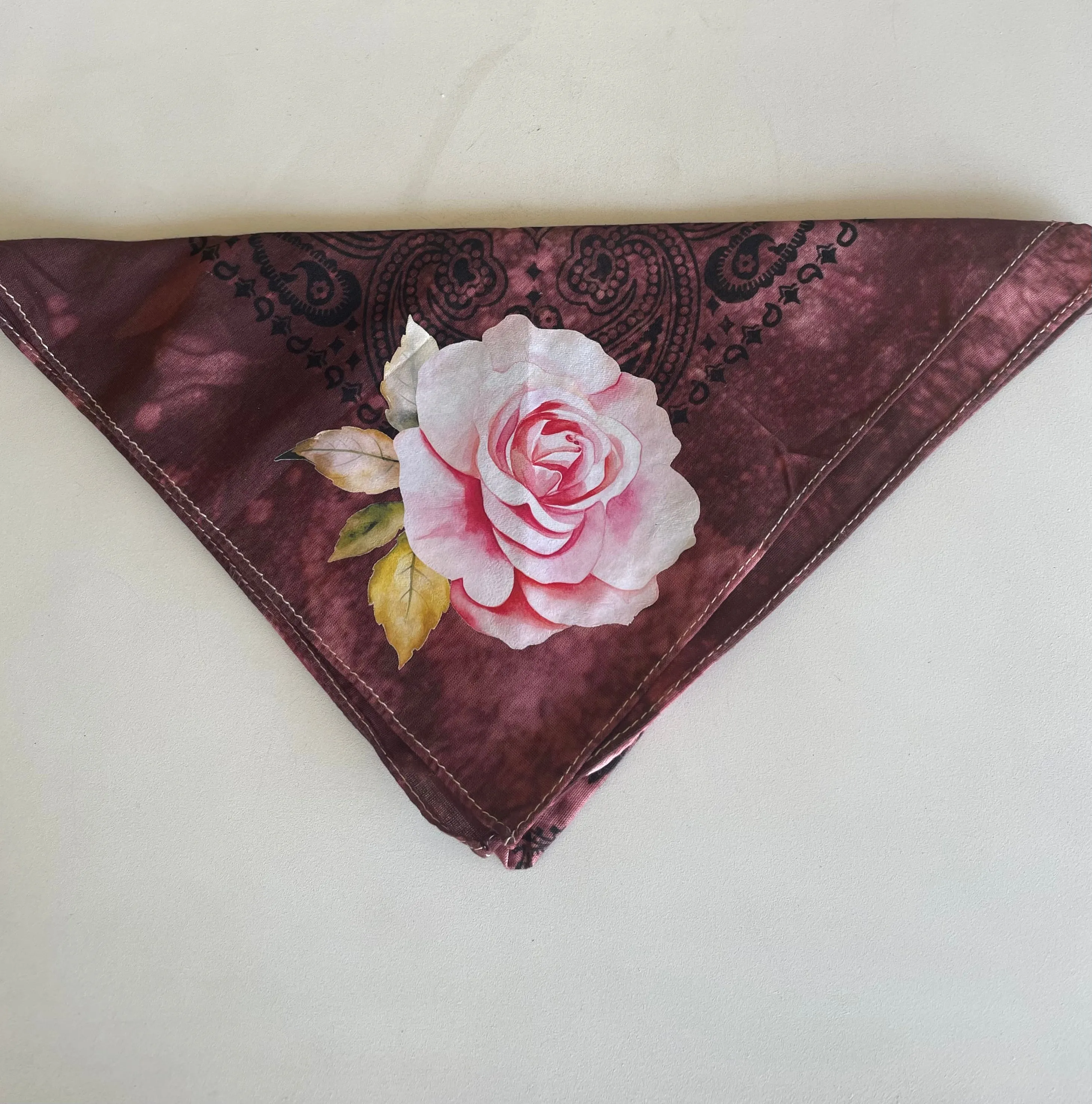 Burgundy Bleach Dyed Custom Bandana w/Rose Design