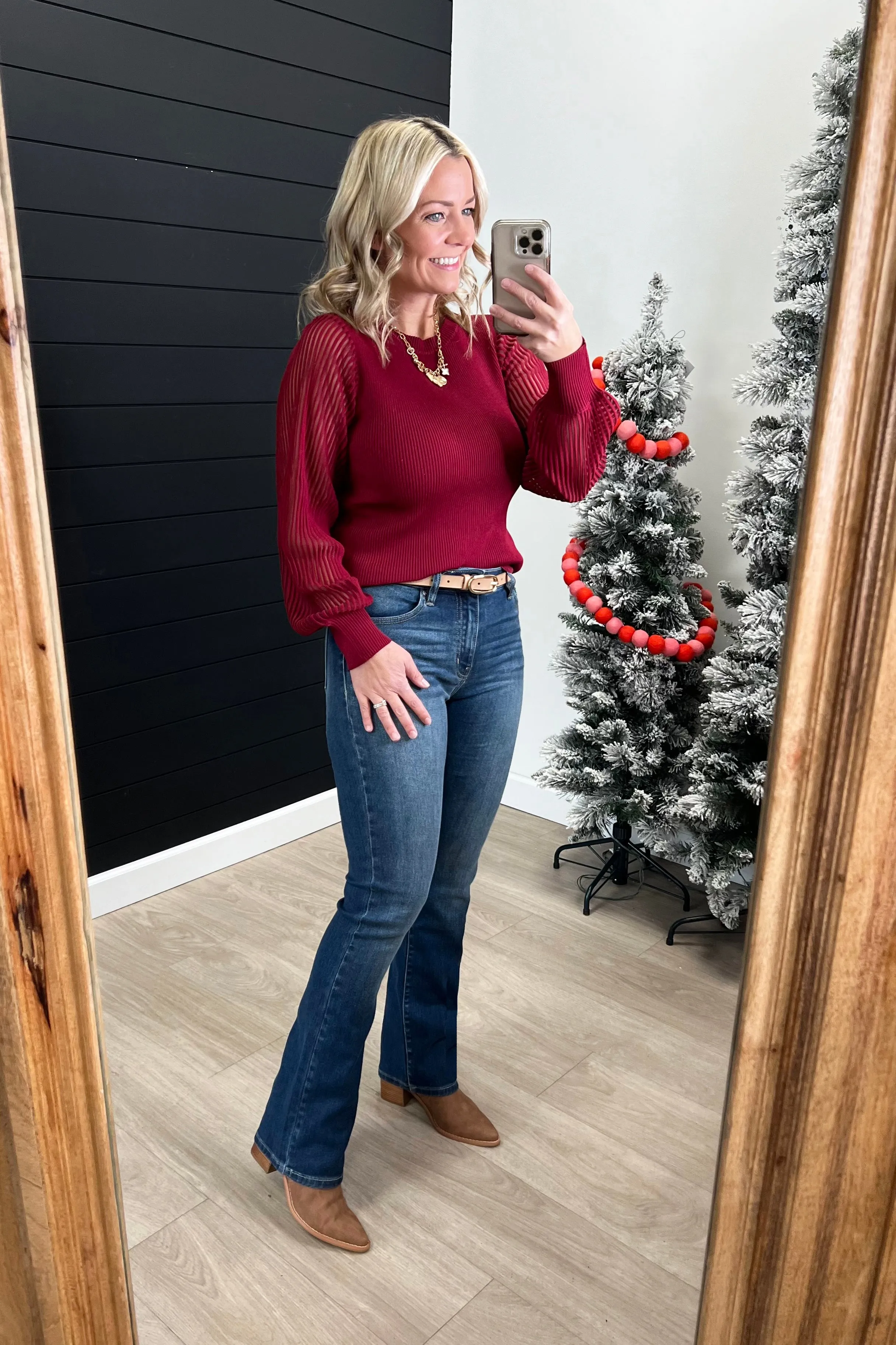 Burgundy Sheer Sleeve Top - FINAL SALE