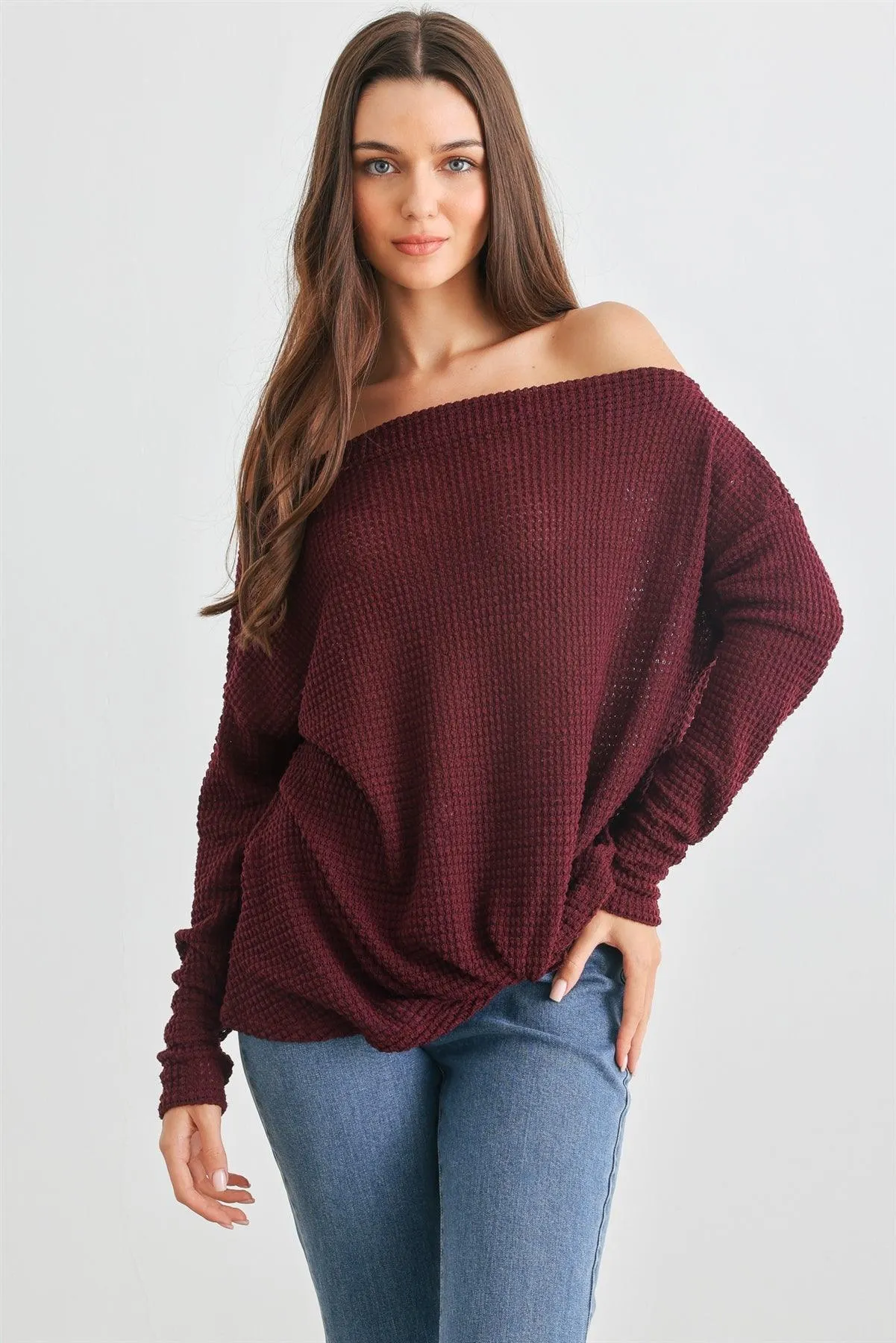 Burgundy Waffle Knit Off-The-Shoulder Twist Hem Top /2-2-2