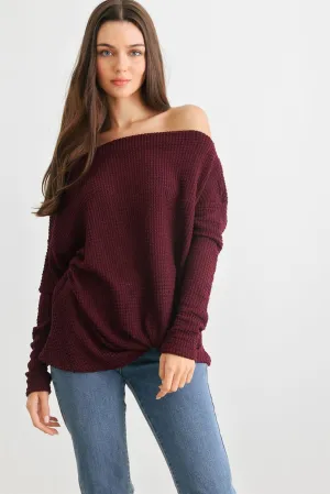 Burgundy Waffle Knit Off-The-Shoulder Twist Hem Top /2-2-2