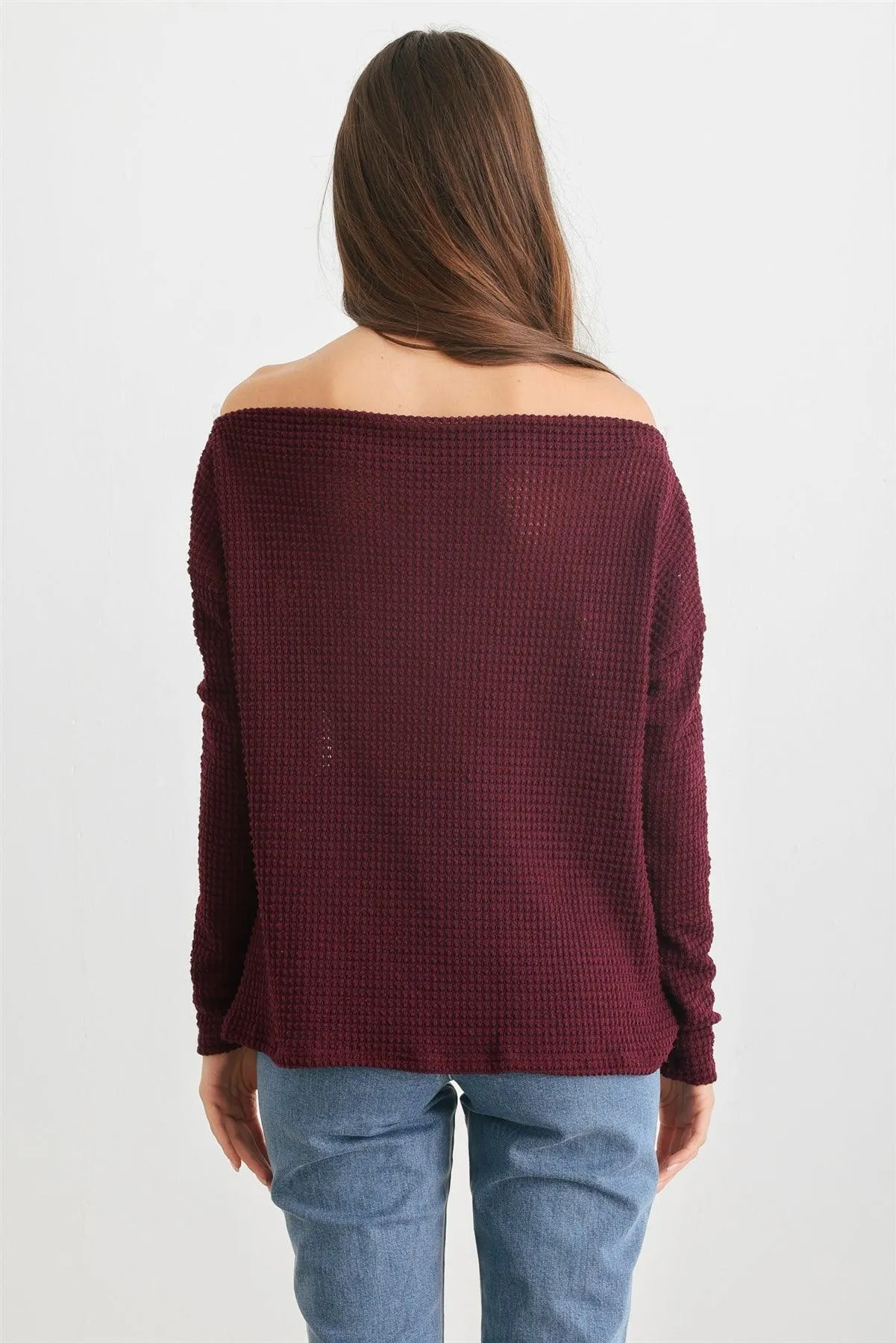 Burgundy Waffle Knit Off-The-Shoulder Twist Hem Top /2-2-2