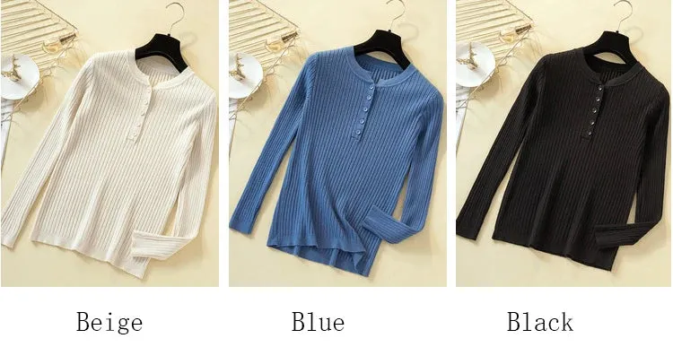 Button Basic Slim Knitted Pullover Sweater