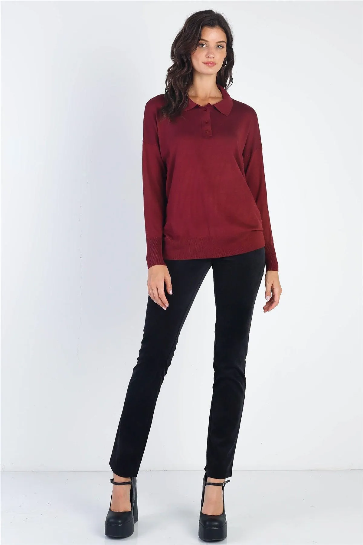 Button Up Collar Neck Long Sleeve Sweater