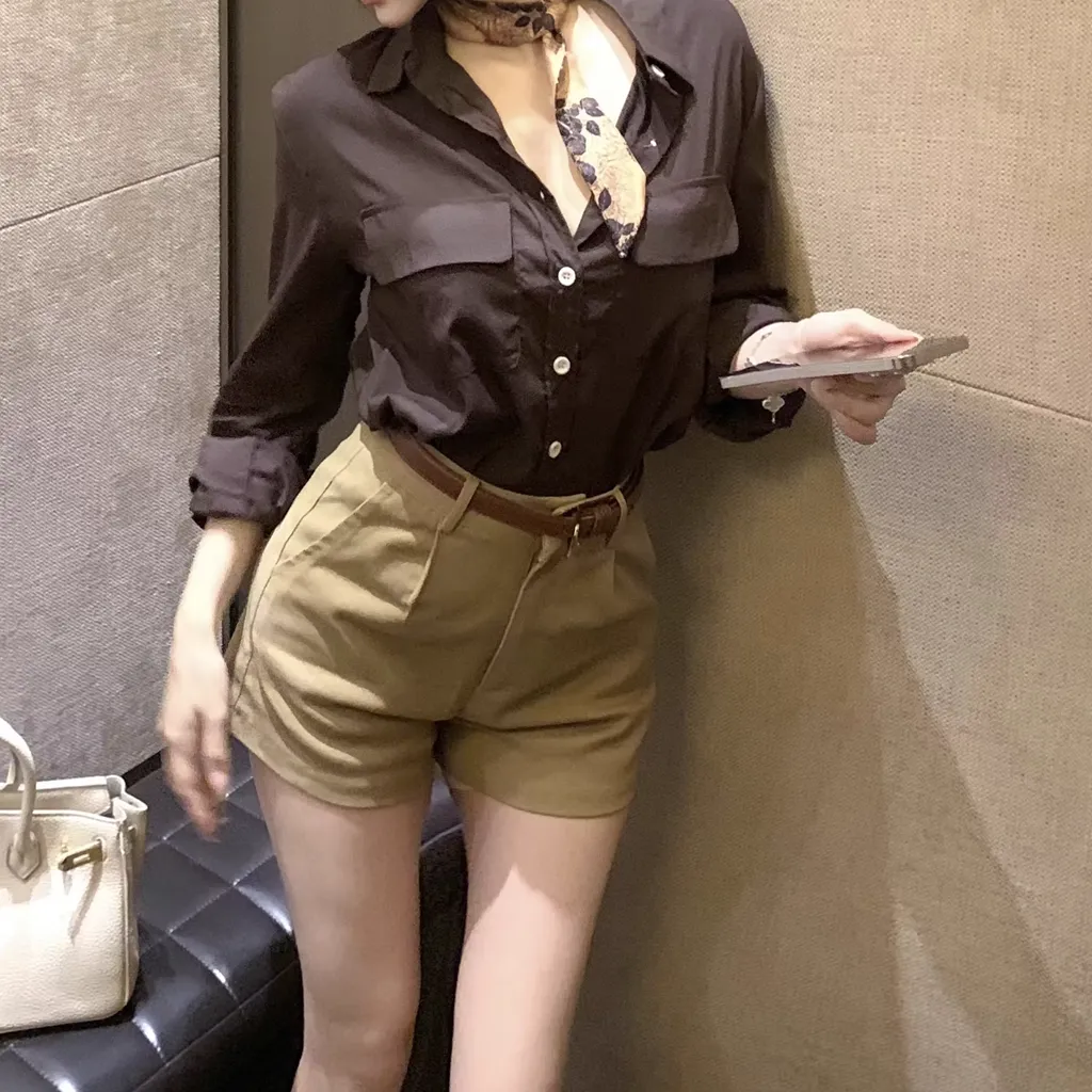 Button-Up Shirt Wide Leg Shorts Silk Scarf Belt Set