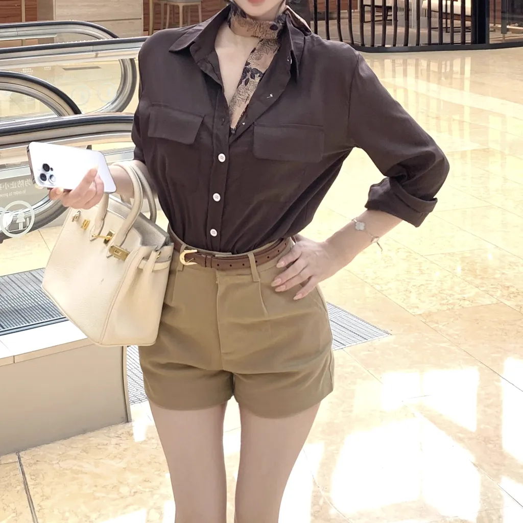 Button-Up Shirt Wide Leg Shorts Silk Scarf Belt Set