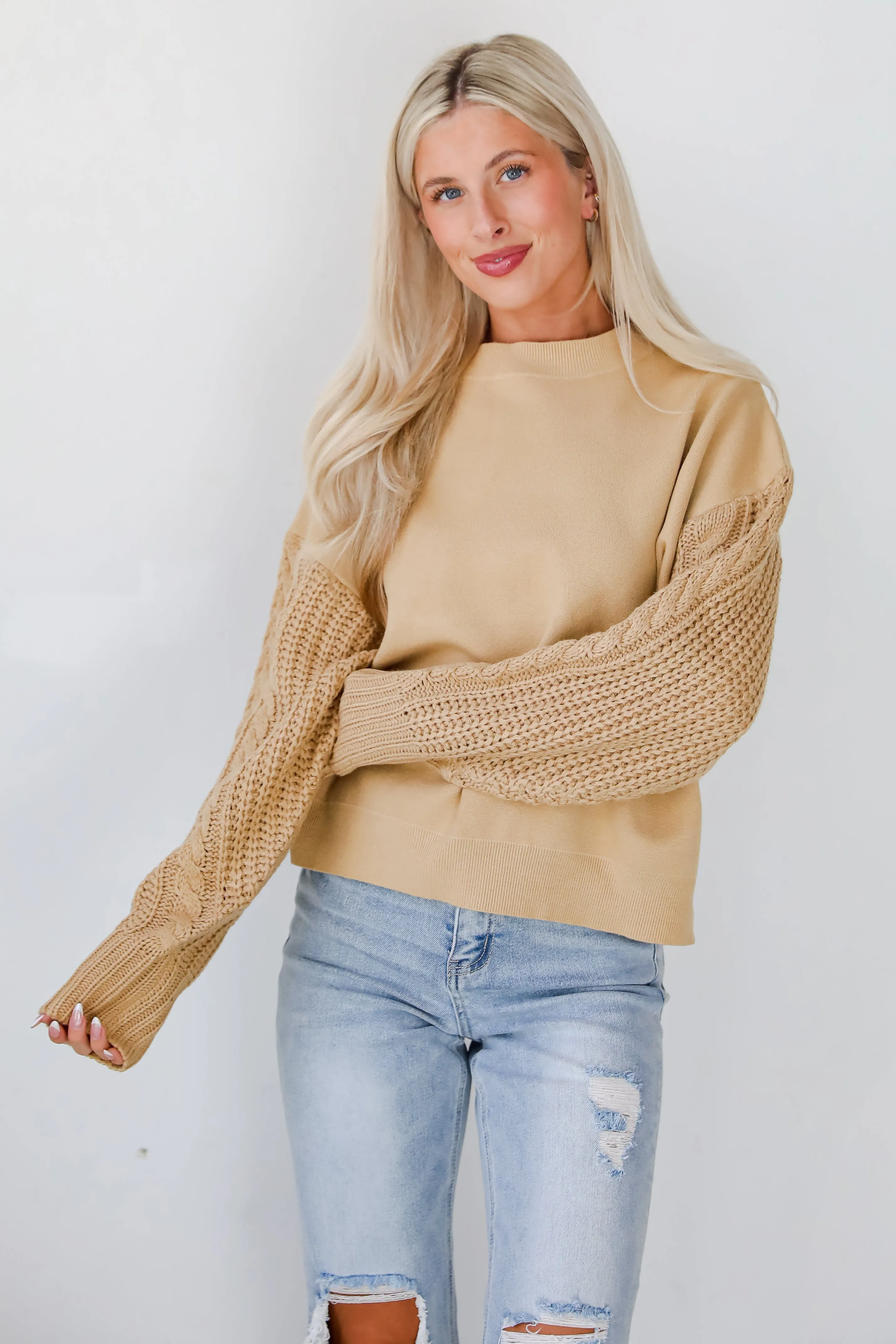 Cabin Cues Taupe Cable Knit Sleeve Sweater