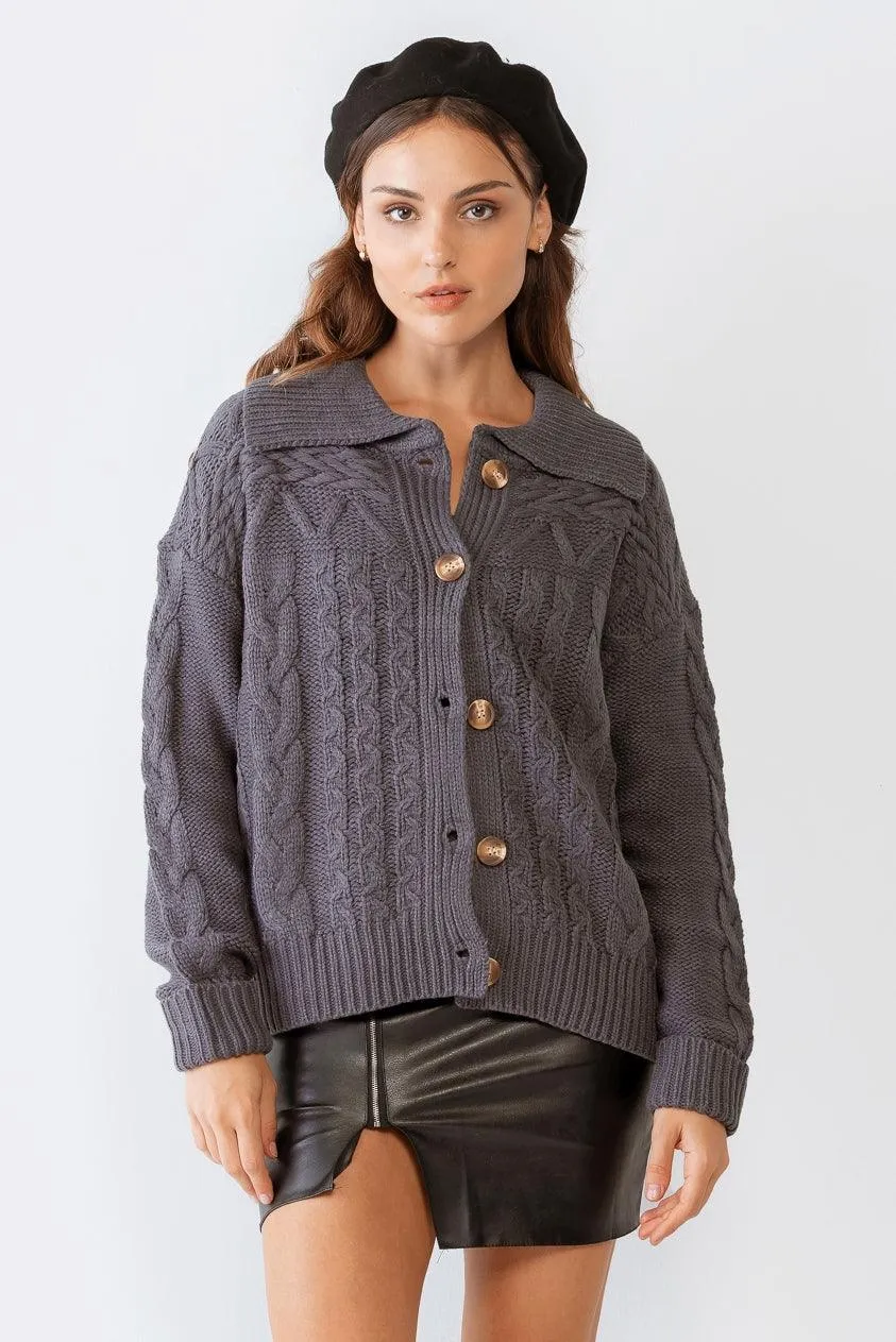 Cable Knit Collared Neck Button-Up Sweater Cardigan /2-2-2