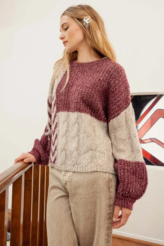 CAMI COLORBLOCK CHEVRON CABLE KNIT SWEATER