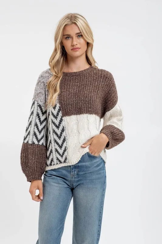 CAMI COLORBLOCK CHEVRON CABLE KNIT SWEATER