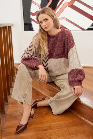 CAMI COLORBLOCK CHEVRON CABLE KNIT SWEATER