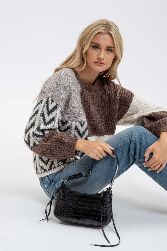 CAMI COLORBLOCK CHEVRON CABLE KNIT SWEATER