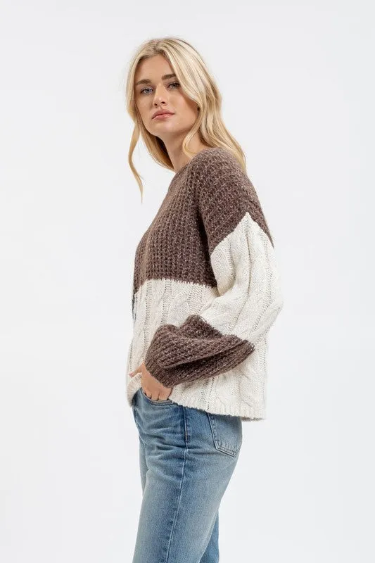 CAMI COLORBLOCK CHEVRON CABLE KNIT SWEATER