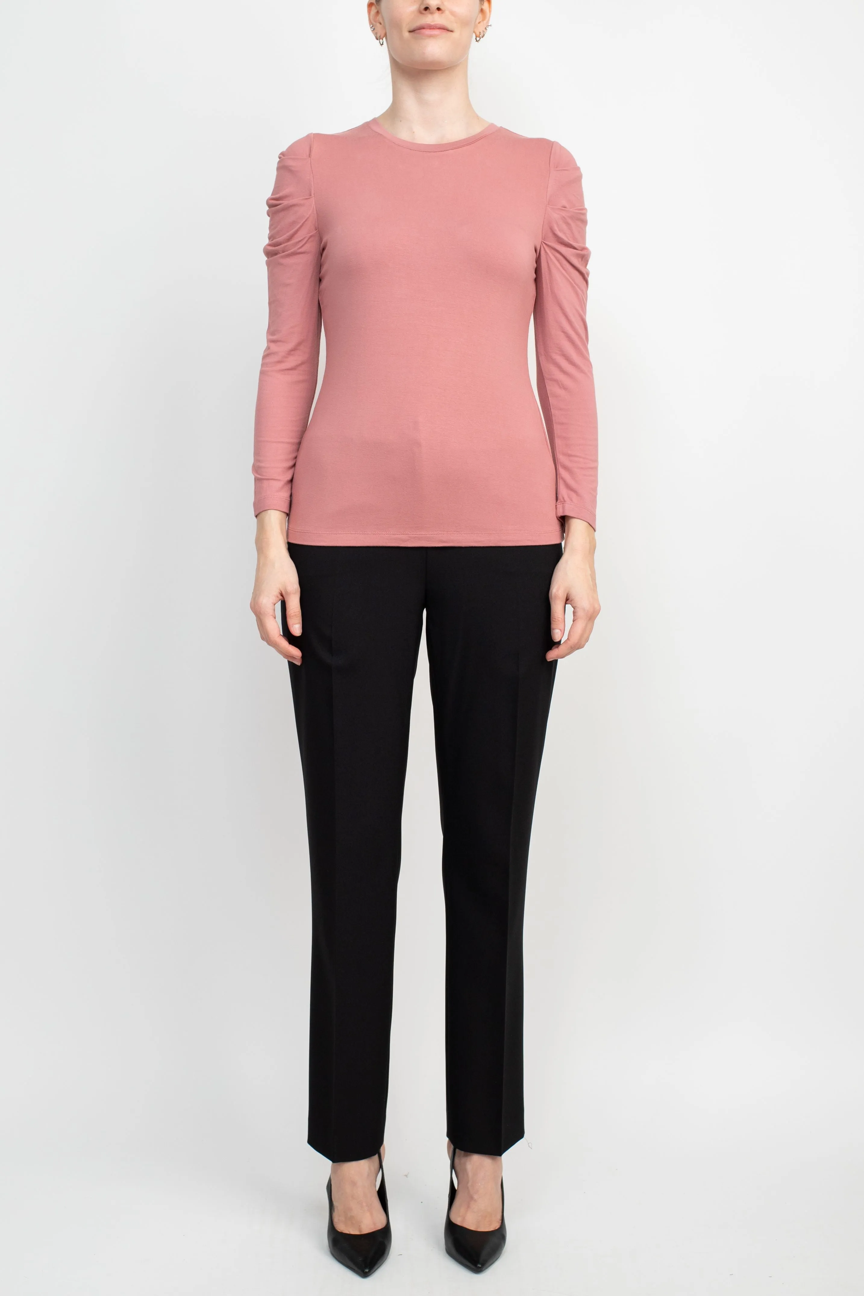 Catherine Malandrino Crew Neck Long Sleeve Ruched Shoulder Solid Knit Top by Curated Brands