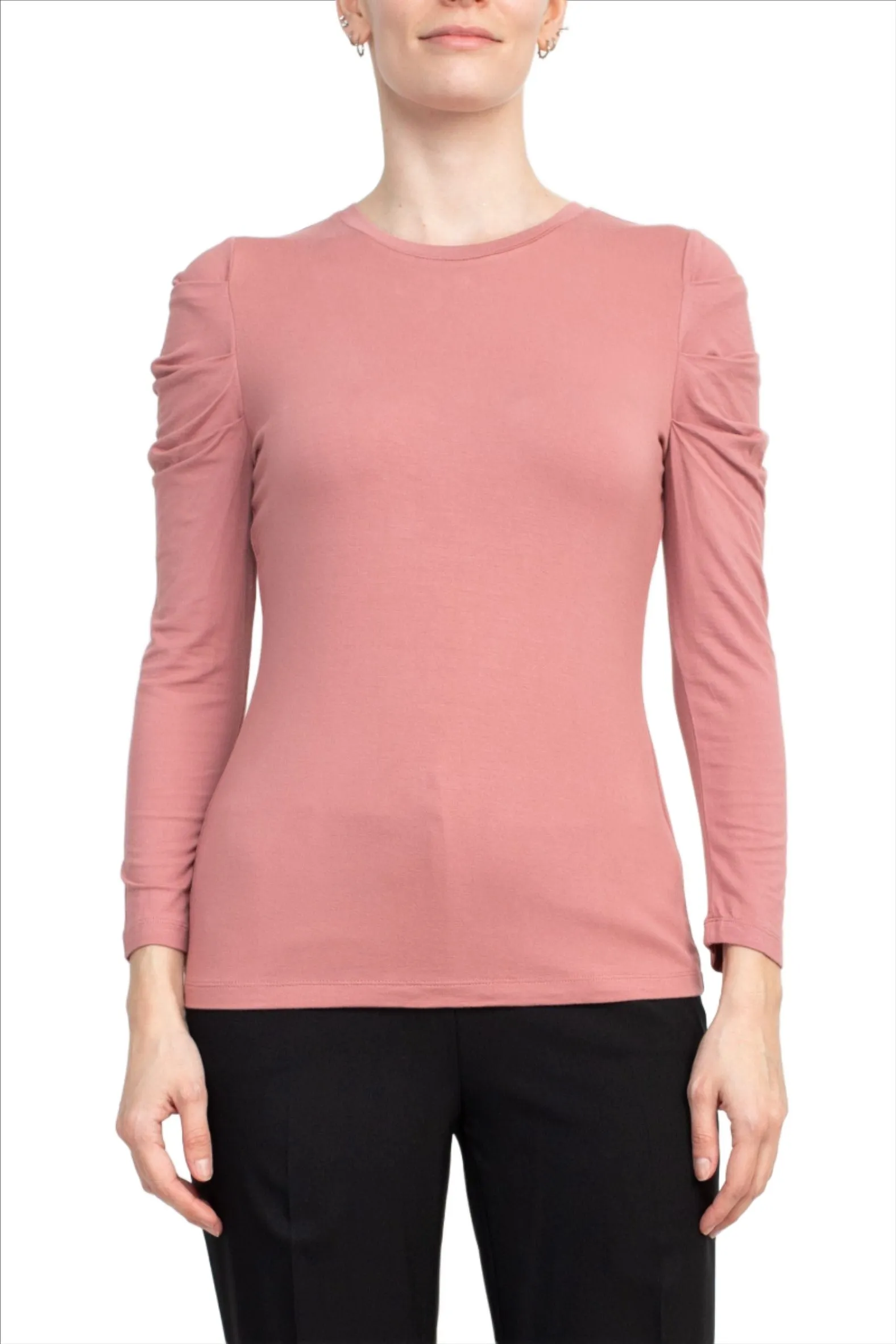 Catherine Malandrino Crew Neck Long Sleeve Ruched Shoulder Solid Knit Top by Curated Brands