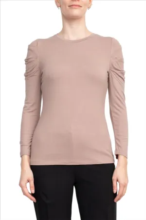 Catherine Malandrino Crew Neck Long Sleeve Ruched Shoulder Solid Knit Top by Curated Brands