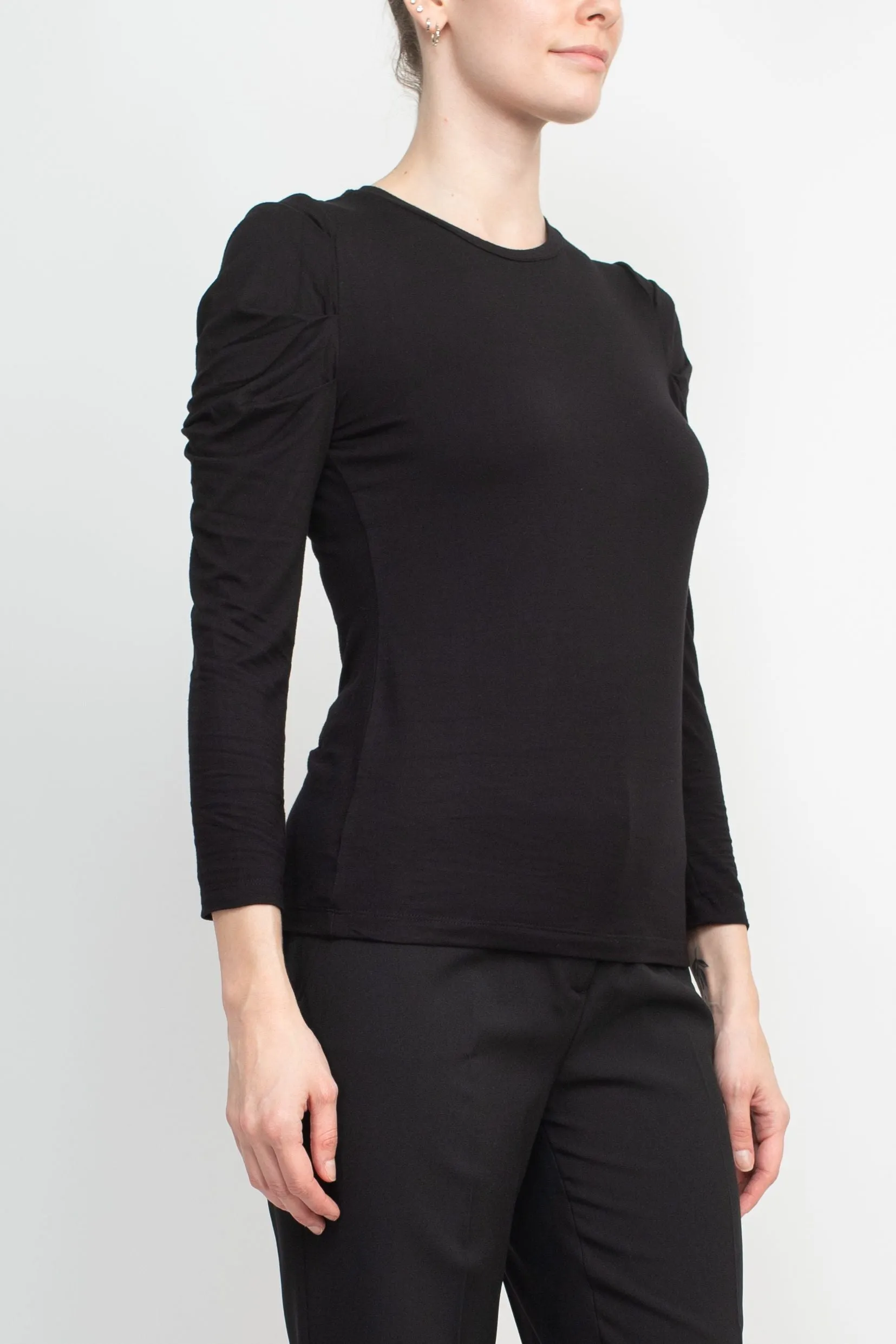 Catherine Malandrino Crew Neck Long Sleeve Ruched Shoulder Solid Knit Top by Curated Brands