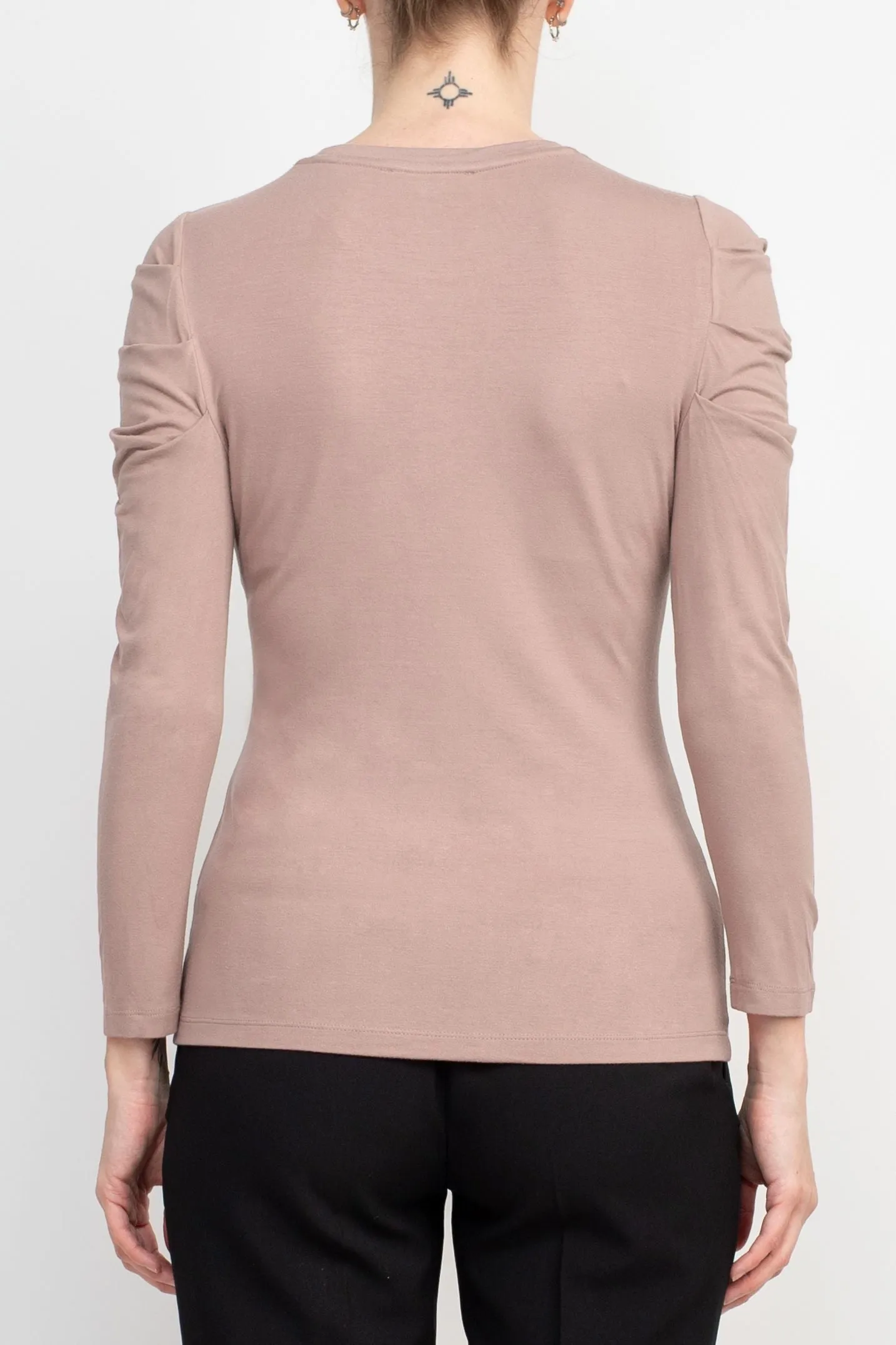 Catherine Malandrino Crew Neck Long Sleeve Ruched Shoulder Solid Knit Top by Curated Brands