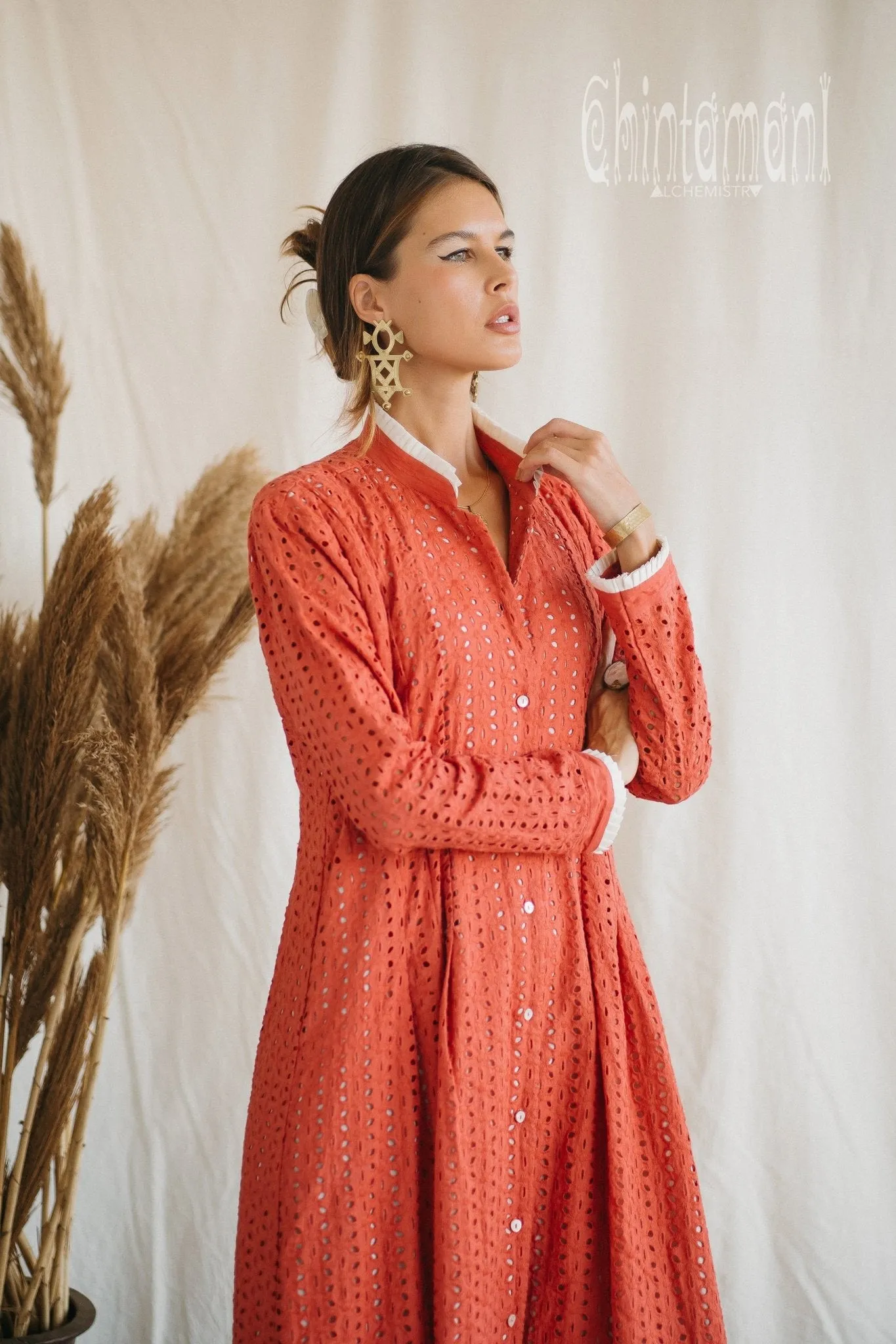 Certified Organic Cotton Maxi Shirt Dress / Coral Rose