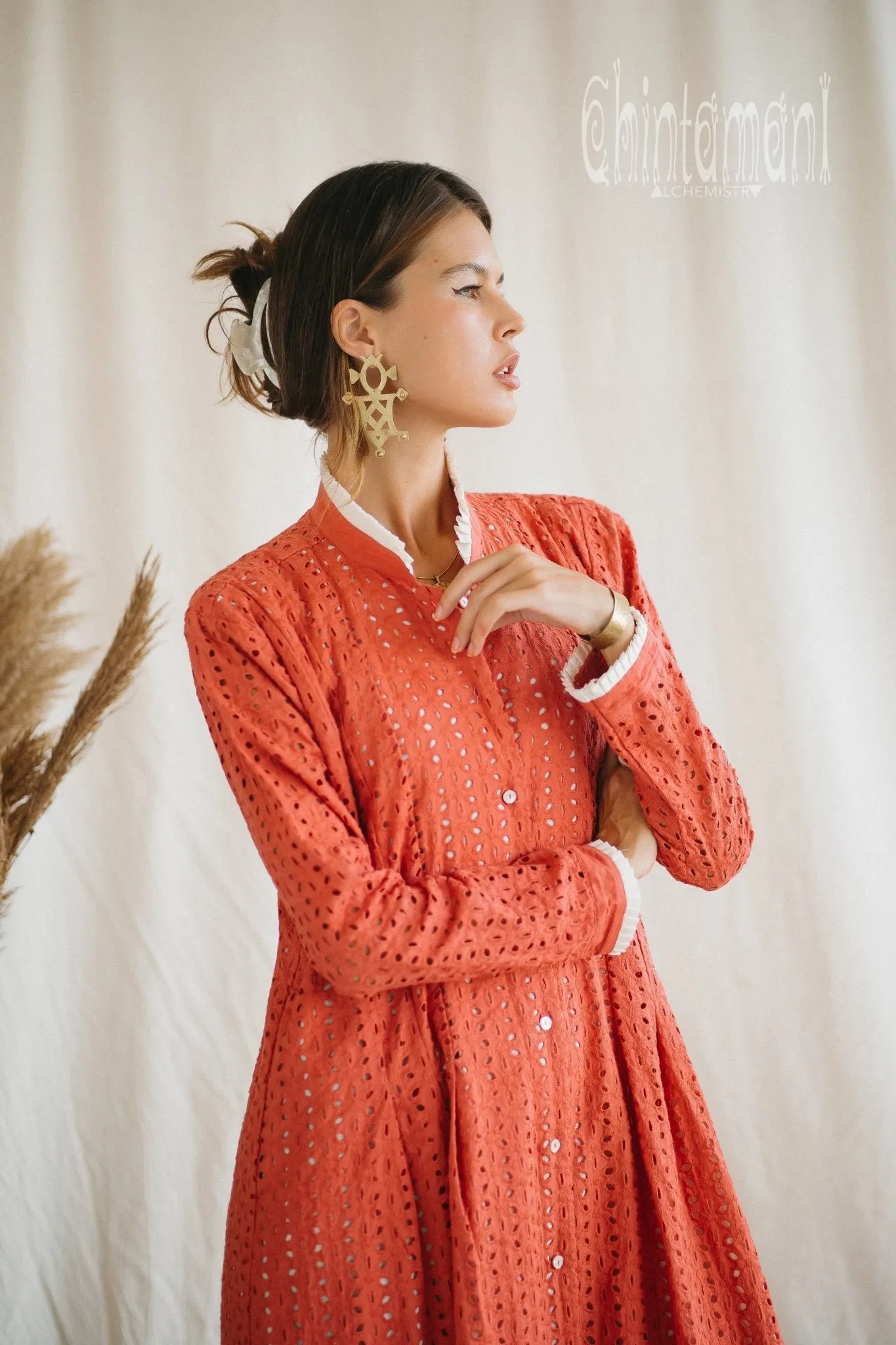 Certified Organic Cotton Maxi Shirt Dress / Coral Rose