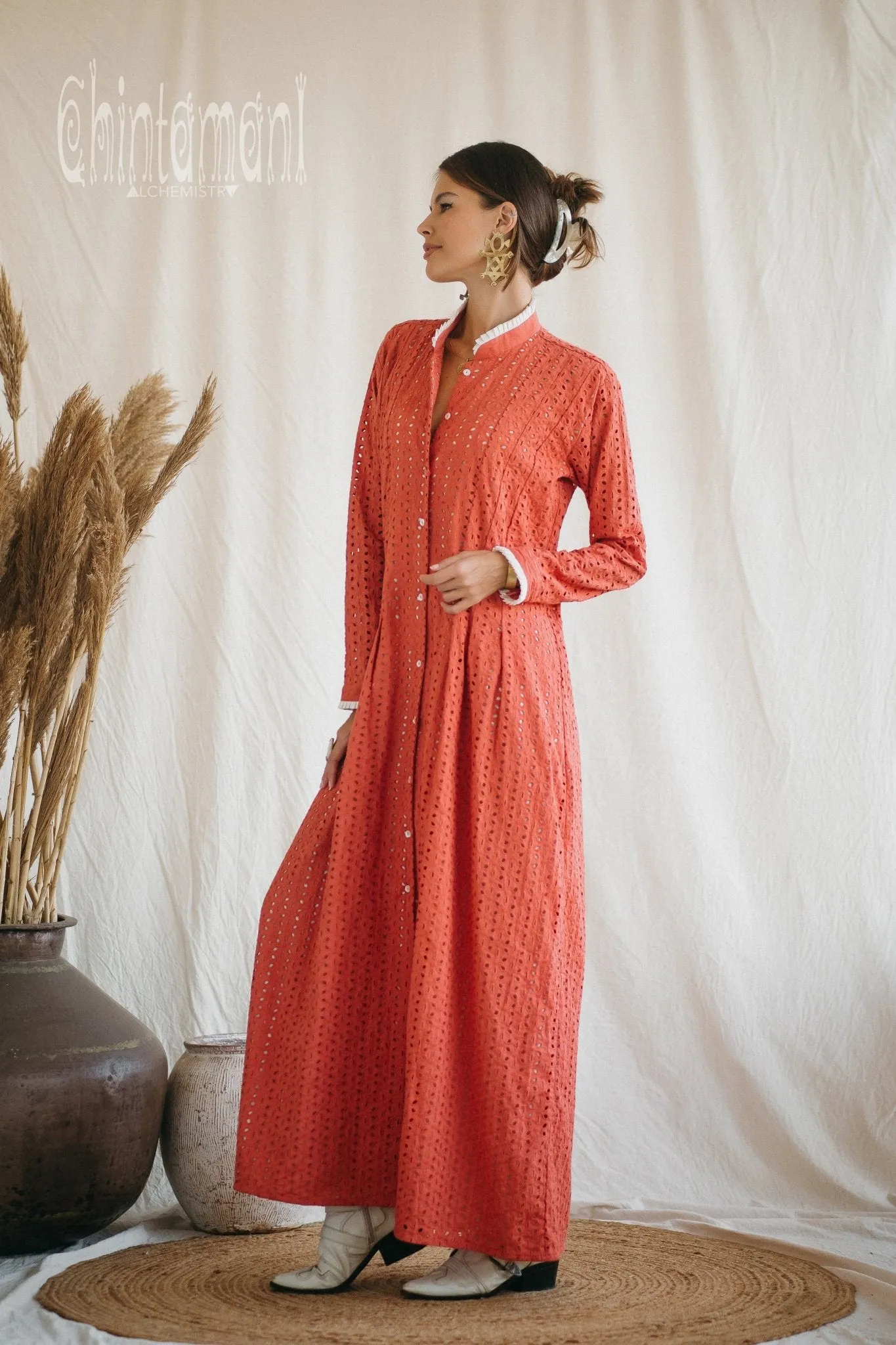 Certified Organic Cotton Maxi Shirt Dress / Coral Rose