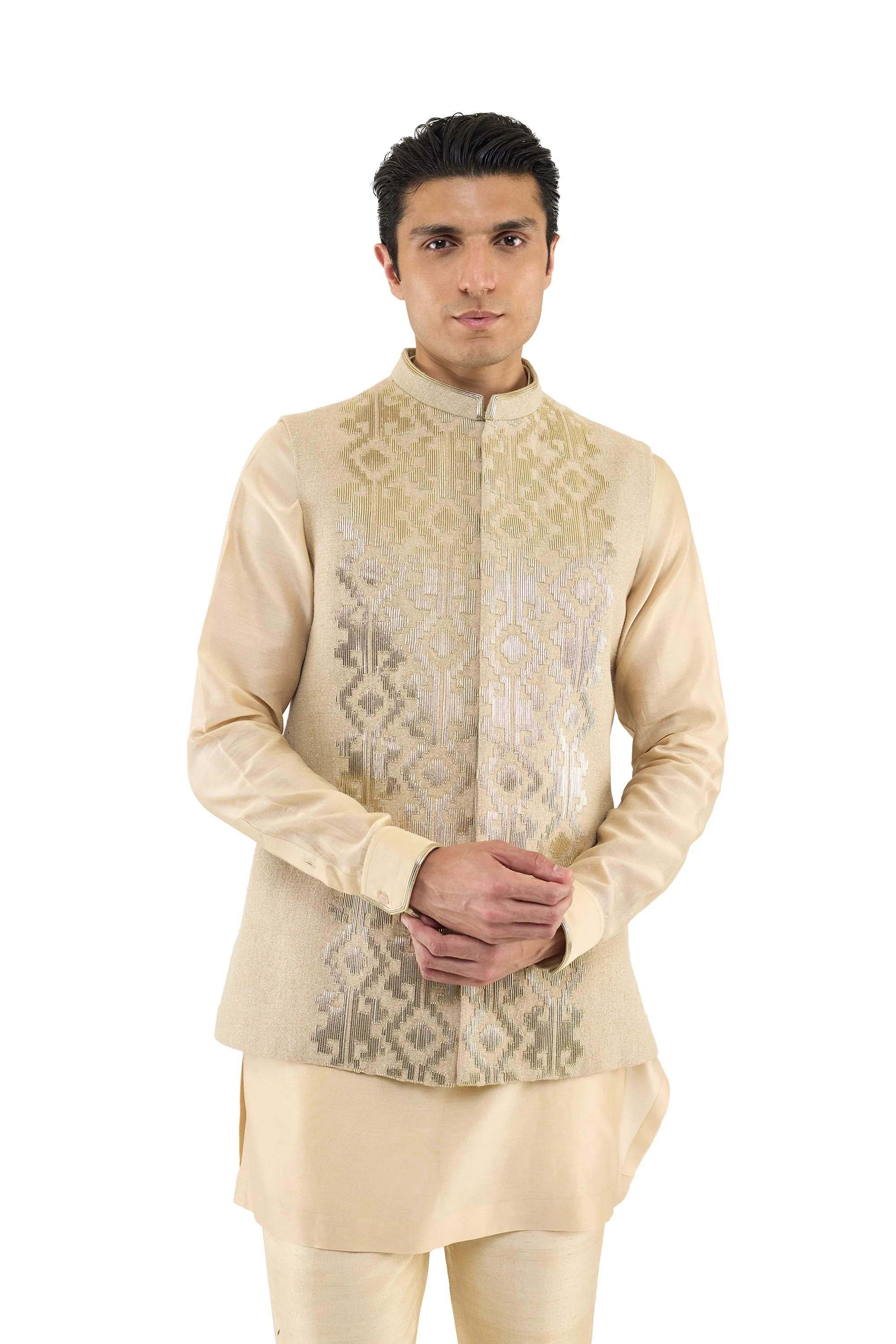 CHAMPAGNE METALLIC JAMDANI NEHRU JACKET