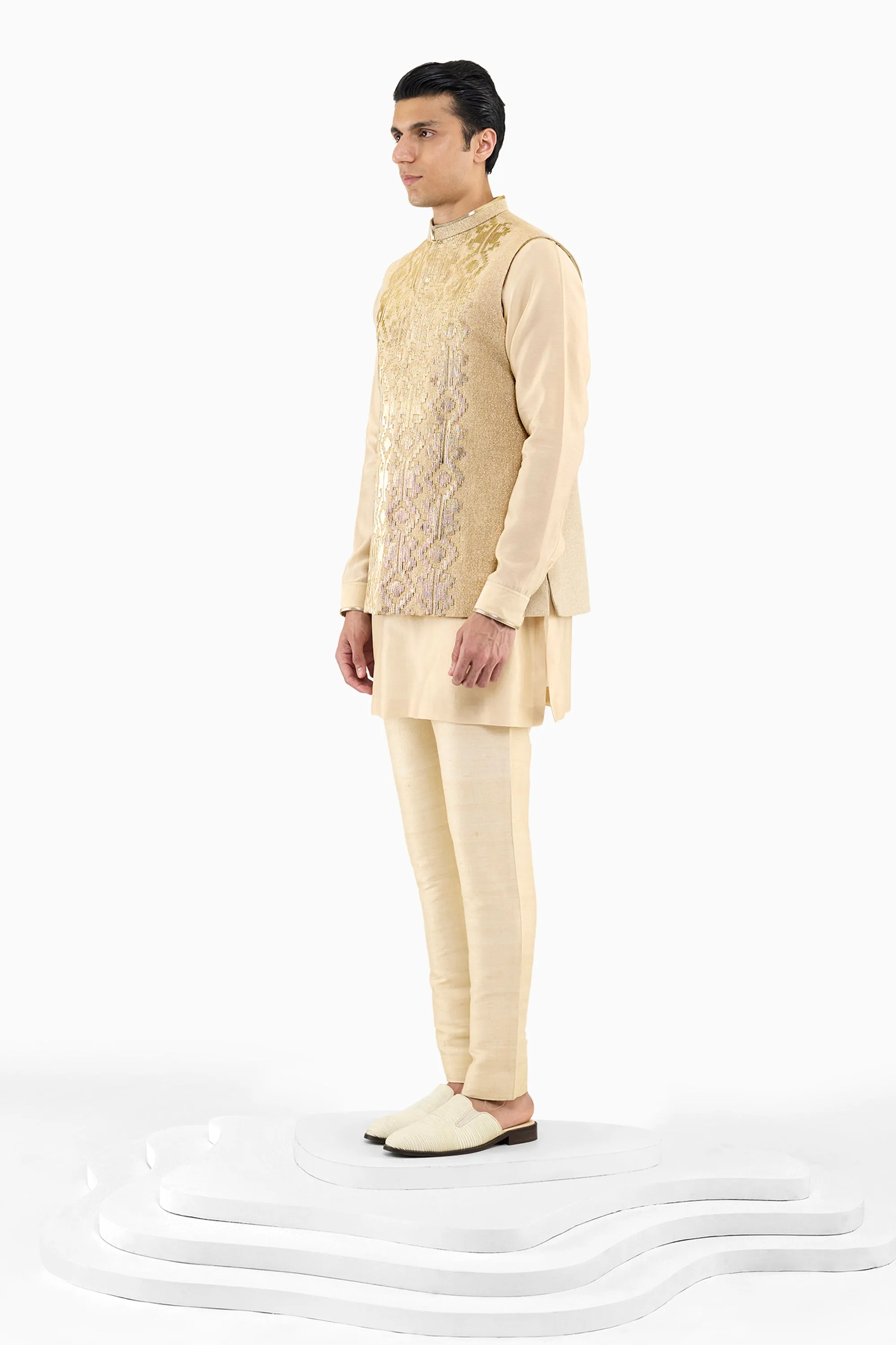 CHAMPAGNE METALLIC JAMDANI NEHRU JACKET