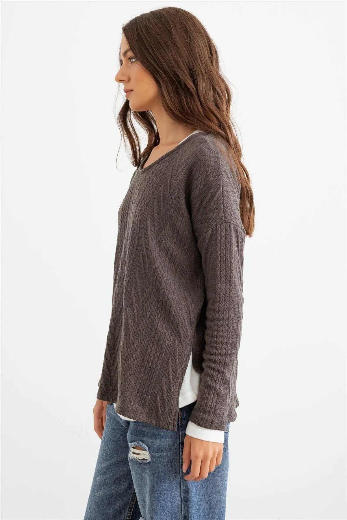 Charcoal Knit Round Neck Long Sleeve Top