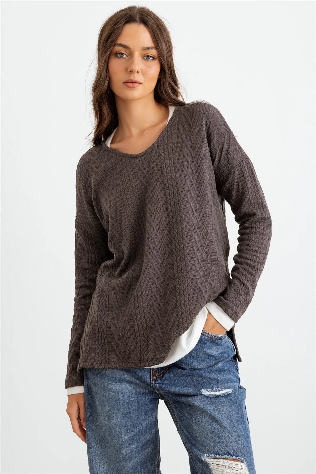 Charcoal Knit Round Neck Long Sleeve Top